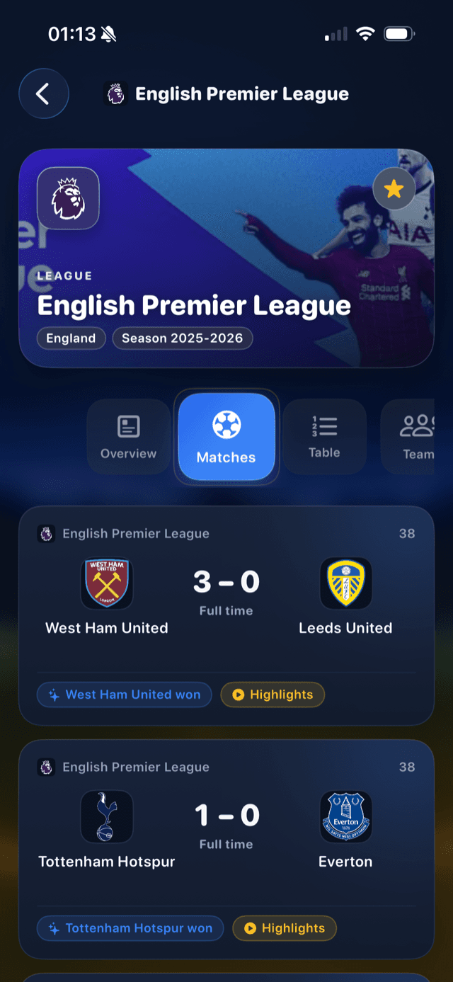 League overview — standings