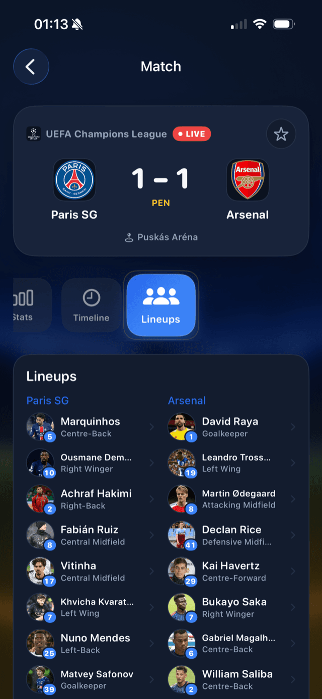 Match timeline — goals, cards, subs